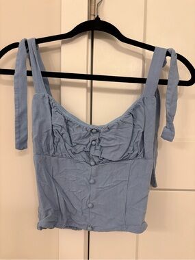 Sienna Sky Light Blue Tie-Strap Button Front Crop Top